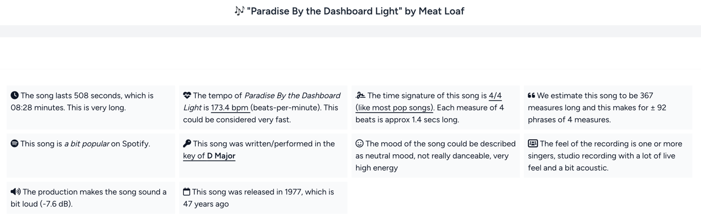 Paradise by the Dashboard Light stats